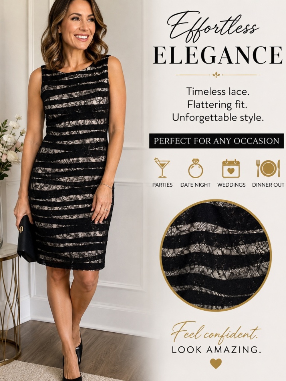 Calvin Klein Black Lace Sheath Dress Size 6 | Elegant Cocktail Occasion Dress